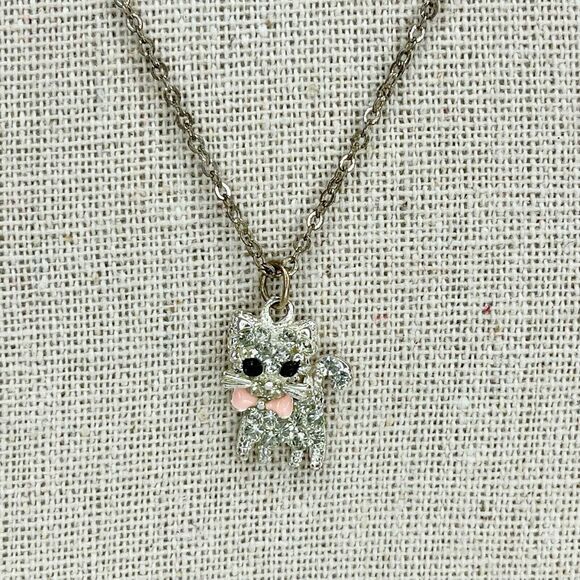 Claire’s Rhinestone Cat Kitten Pendant Charm Silver Tone Chain Link Necklace - Picture 2 of 6